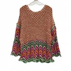 Free People Orange Green Loose Knit Boat Neck Sweater | Women’s M
